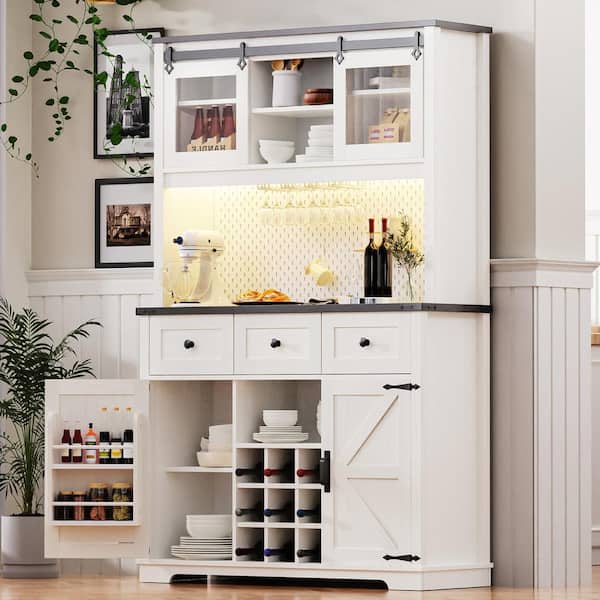 FAMYYT 47.3 in. W x 14 in. D x 71 in. H Farmhouse White Linen Cabinet with Sliding Door, Power Outlet, Wine and Glasses Rack