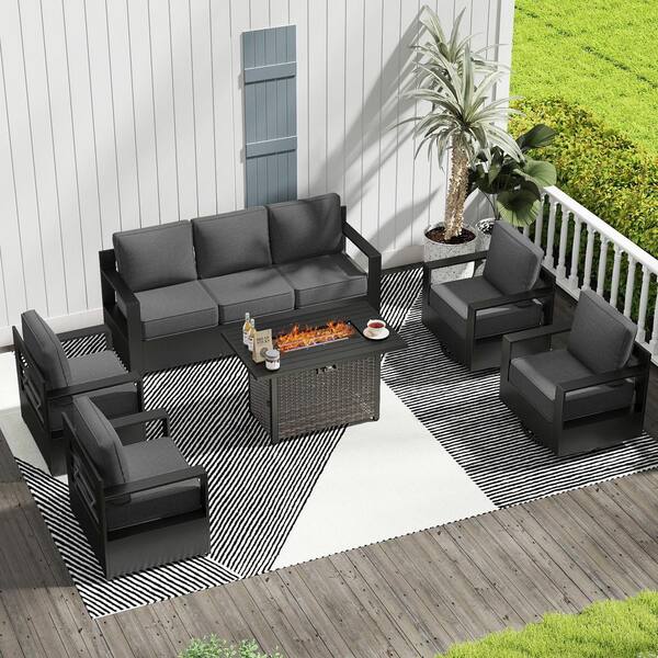 6-Piece Fire Pit Patio Set Wicker Outdoor Patio Conversation Set with Swivel Rocking Chairs and Gray Cushions