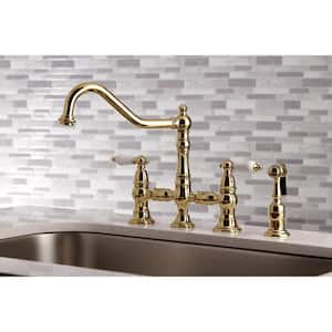 Restoration 2-Handle Bridge Kitchen Faucet with Side Sprayer in Polished Brass