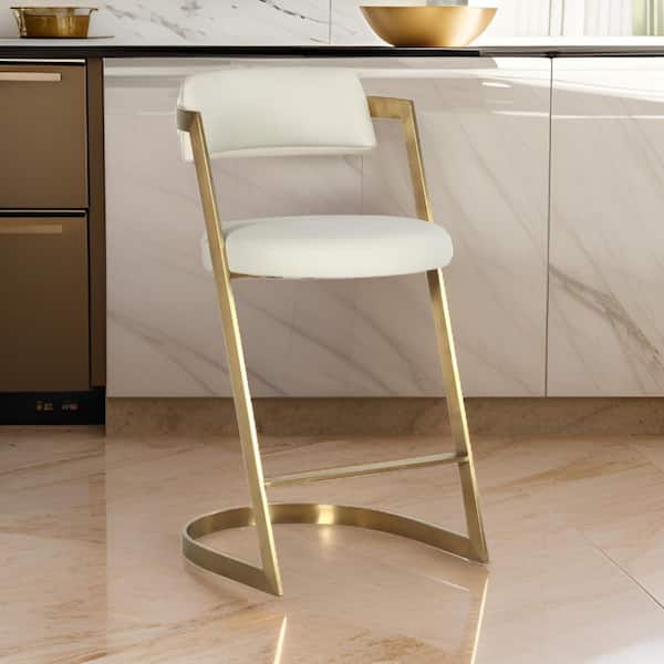Benjara 26 in. Beige and Gold Low Back Metal Frame Bar Stool with Leather Seat
