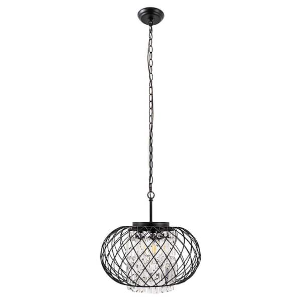 3-Light Matte Black Drum Pendant Light with Crystal Shade for Dining Room Living Room or Entryways, E12 Base Chandelier
