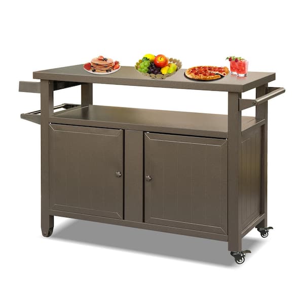 Unbranded Brown Outdoor Metal Serving Cart Patio Grill Cart with Storage Cabinet, Wheels for Kitchen, Patio, Bar