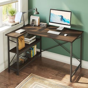 47 in. Small L-Shaped Computer Desk with Storage Shelves Brown
