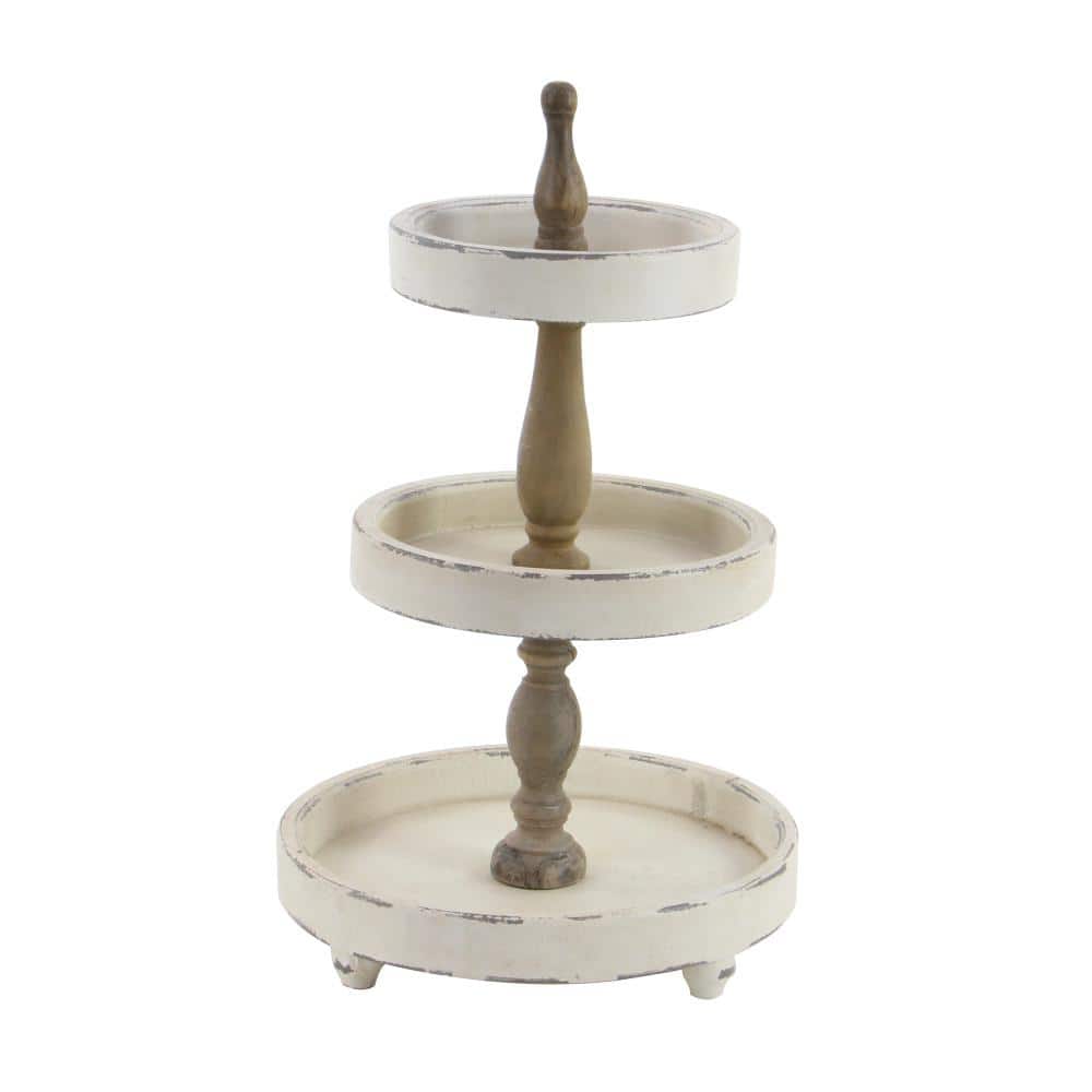 Distressed White and Brown Wood 3-Tier Round Serving Tray
