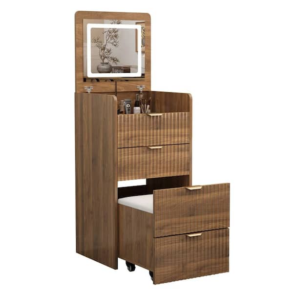 3 in 1 Makeup Vanity Table,Vanity Desk,Dress Table with 3 Drawer,Rolling Stool,Flip Top Mirror,Lights,Charging in Walnut
