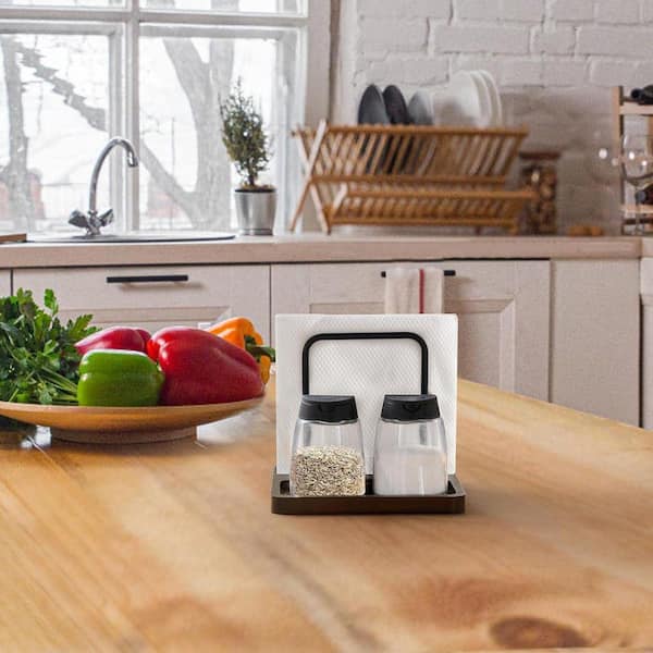Farmhouse Tabletop Brown Wooden Metal Napkin Holder Dispenser with Storage Slot for Kitchen Dining Room Decor