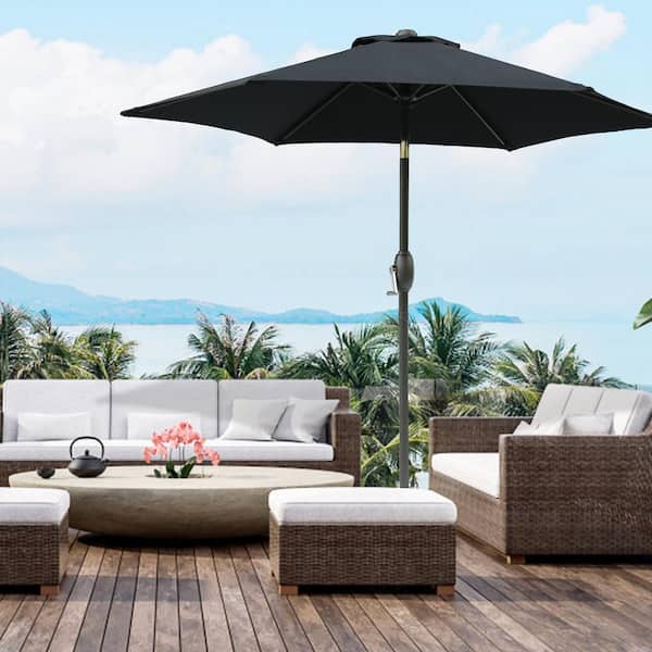 Zeus & Ruta 7.5 ft. x 7.5 ft. Black Aluminum Patio Outdoor Market Umbrella with Crank and Push Button Tilt, Umbrella with Pole