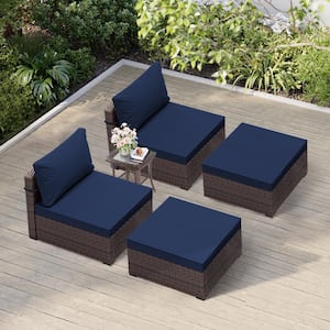 5-Piece Fashion Wicker Patio Conversation Seating with Ottomans in Navy Blue