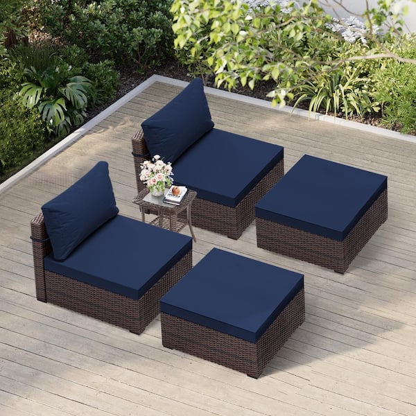 UPHA 5-Piece Fashion Wicker Patio Conversation Seating with Ottomans in Navy Blue