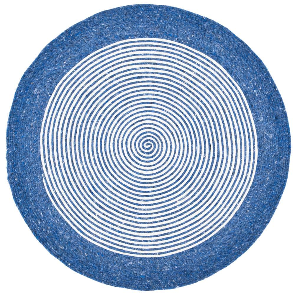 Handwoven Navy and Ivory Wool 4' Round Braided Rug