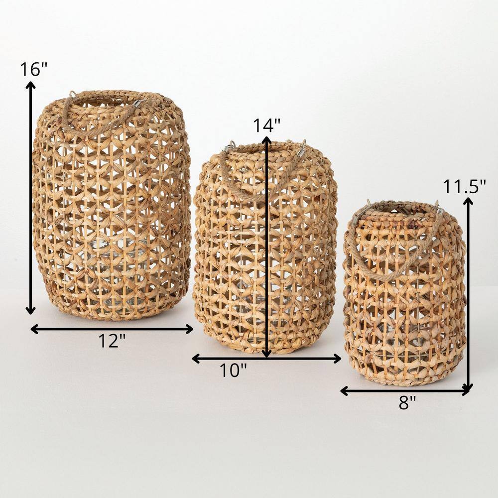Natural Woven Rattan Hanging Lantern Set of 3, Brown