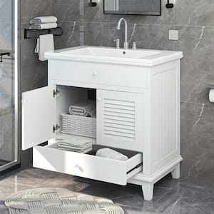 29.84 in. W x 18.07 in. D x 31.02 in . H Wood Bath Vanity Cabinet in White with Drawers, Doors, White Ceramic Sink Top