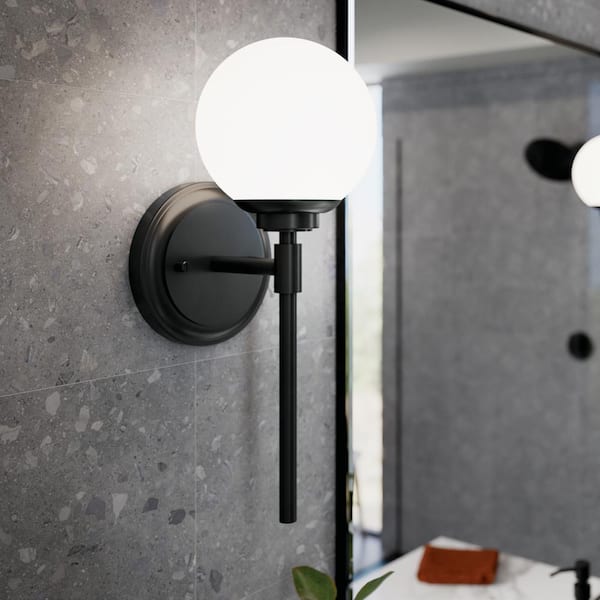 KICHLER Benno 1-Light Black Bathroom Indoor Wall Sconce Light with Opal Glass Shade