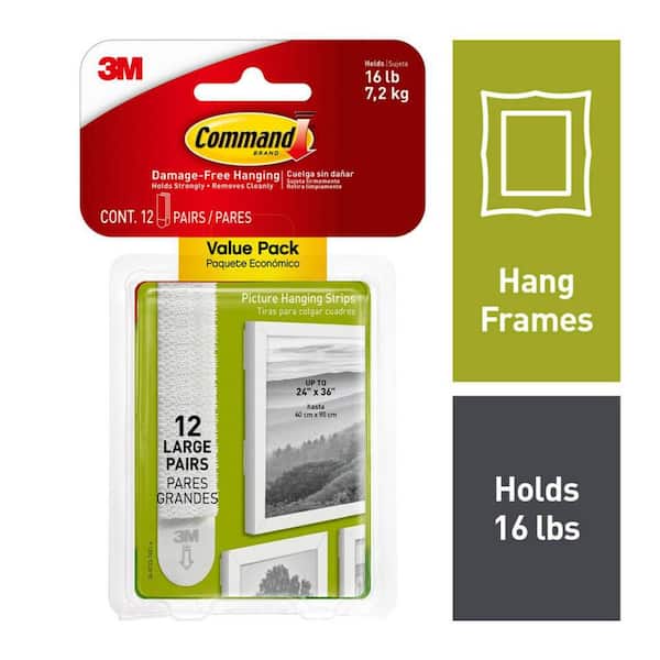 15 lb. Large Picture Hanging Strips, White, Damage Free Hanging, 12 Pairs