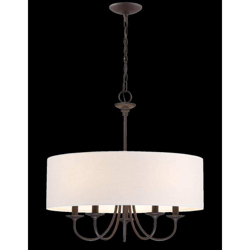 Oil-Rubbed Bronze 5-Light Chandelier with White Linen Drum Shade