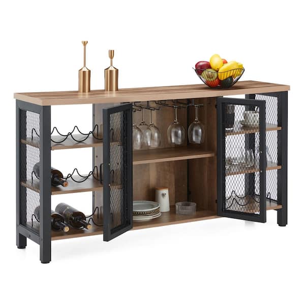 Yofe Oak and Black Rustic Wood Wine Bar Cabinet for Liquor and Glasses, Double Sideboard and Buffet Cabinet, Wine Rack Table, Oak & Black