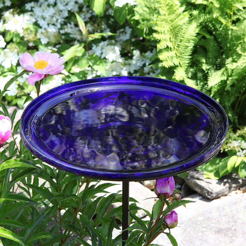 Cobalt Blue Hand Blown Glass Birdbath with Iron Stake