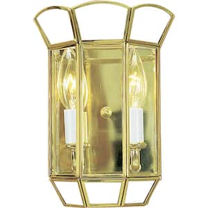 2-Light Indoor Polished Brass Bath or Vanity Light Wall Mount or Wall Sconce with Clear Glass Panes