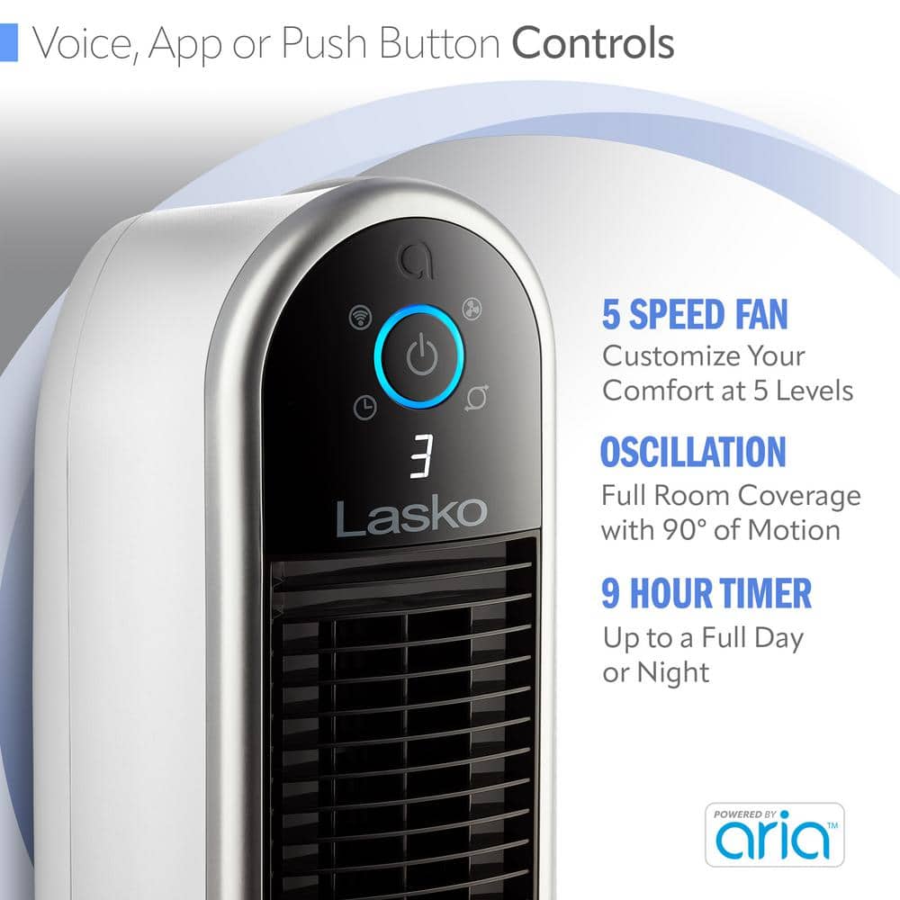 Lasko 40" White Smart Oscillating Tower Fan with Wi-Fi and Voice Control