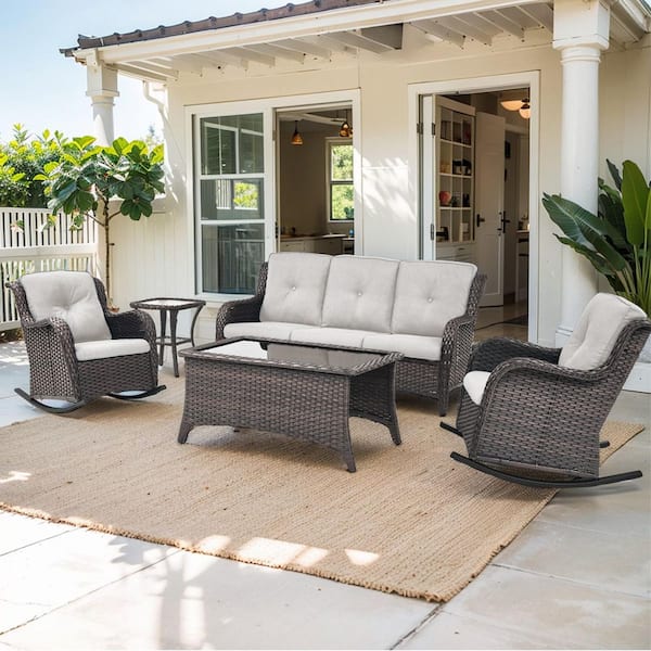 Bellefurn WellCane Brown 5-Piece Wicker Patio Conversation Set with Beige Cushion, Outdoor Furniture set with Rocking Chairs