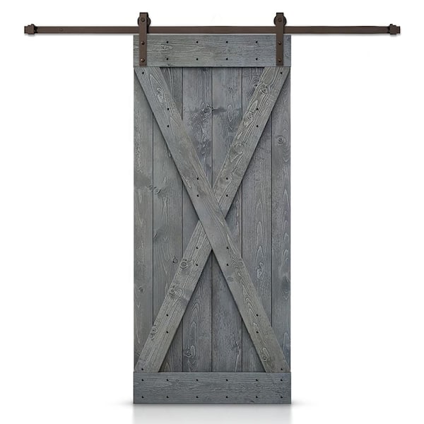 CALHOME 34 in. x 84 in. X-Series Gray Stained DIY Wood Interior Sliding Barn Door with Hardware Kit