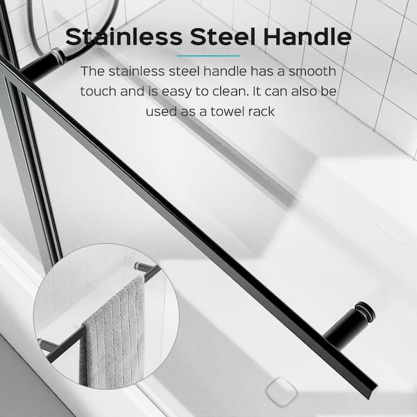 43 in. W x 58 in. H Frameless Foldable Swing Bathtub Shower Door Pivot Hinged Bath Tub Door in Black with Clear Glass