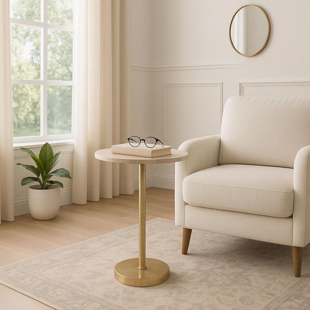 24.5 in. Ivory Marble Top Drink Table with Pedestal Metal Base