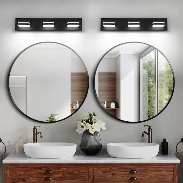 23.62 in. 3 Light Black Bathroom LED Vanity Light with 5-CCT Adjustable Switch and Acrylic Lampshade