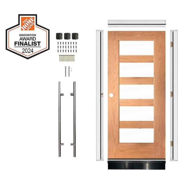 DIY RTA KIT Faux Pivot 36 in. x 80 in. 5-Lite Clear Glass Right-Hand Teak Stain Fiberglass Ready to Assemble Front Door
