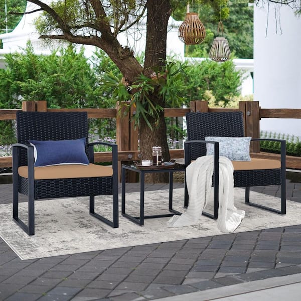 Unbranded 3 Piece Outdoor PE Wicker Furniture Set, Black Wicker Outdoor Sectional with Brown Bean Cushions