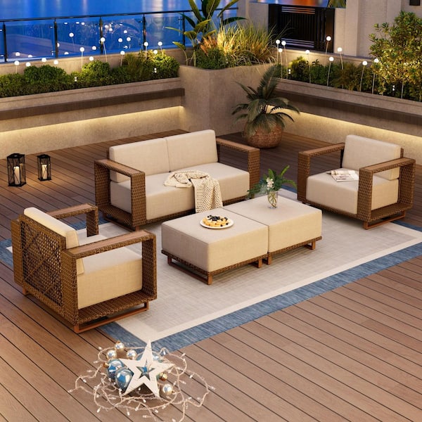 PHI VILLA Brown Rattan Wicker 6 Seat 6-Piece Steel Outdoor Patio Conversation Set with Beige Cushions and 2 Ottomans