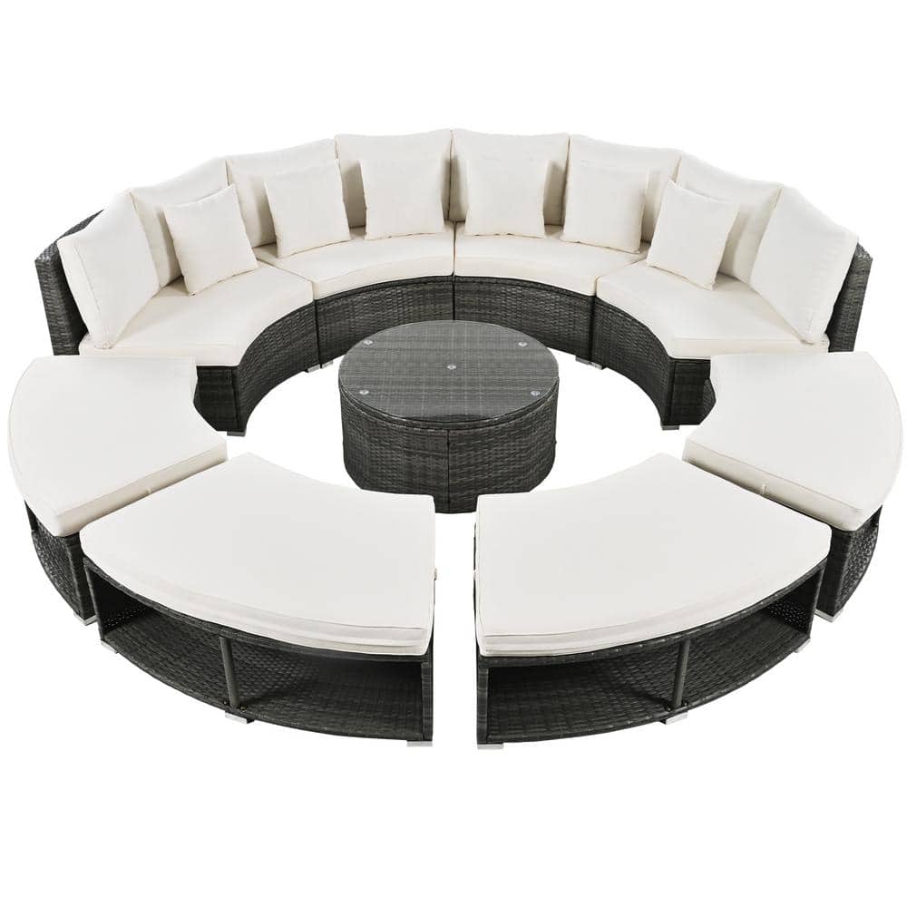 9-Pieces Wicker Patio Conversation Set with Beige Cushions, Luxury Circular