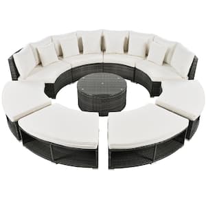 9-Pieces Wicker Patio Conversation Set with Beige Cushions, Luxury Circular Outdoor Sectional Sofa, with Coffee Table