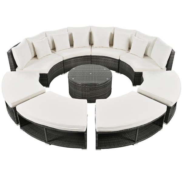 Unbranded 9-Pieces Wicker Patio Conversation Set with Beige Cushions, Luxury Circular Outdoor Sectional Sofa, with Coffee Table