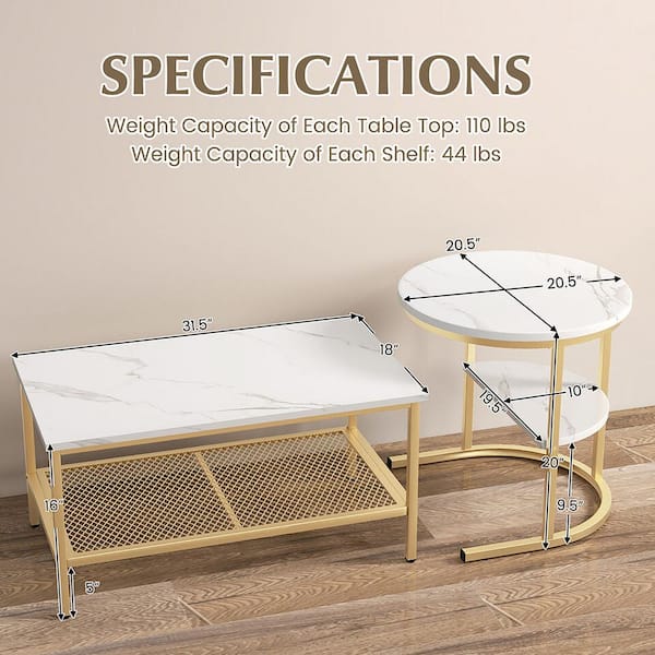 Gymax 31.5 in. in Gold Rectangle Marble Coffee Table Set of