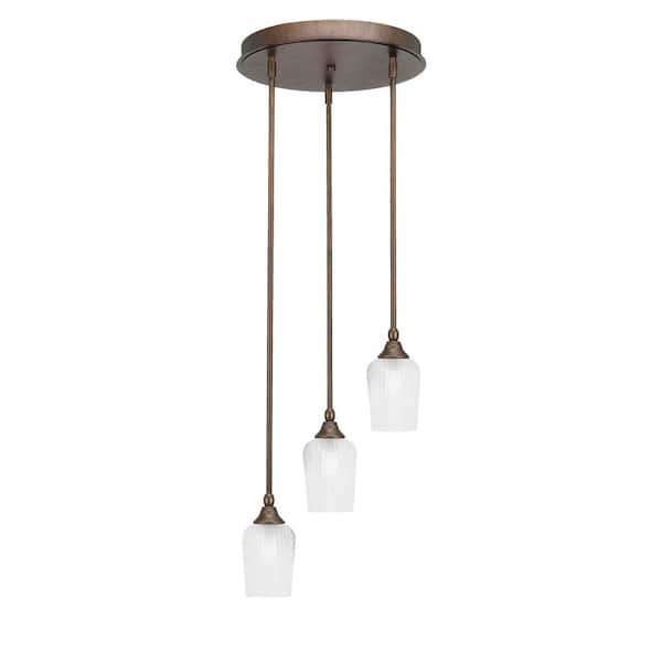 Unbranded Villa 60-Watt 14.5 in. 3 Light Bronze Stem Pendant Light with 5 in. Clear Textured Glass Shade No bulbs included