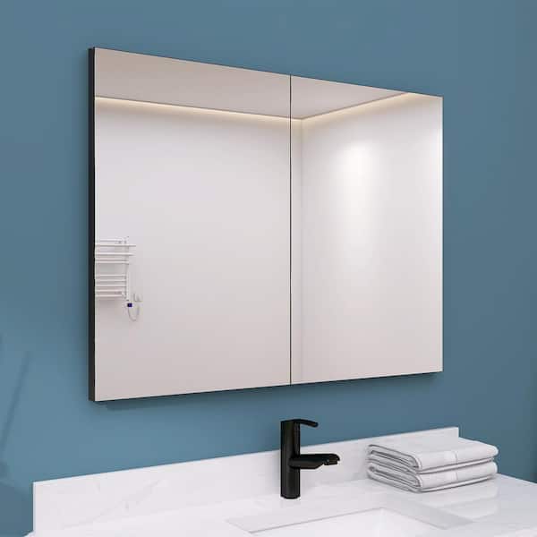 Tyn 40 in. W x 30 in. H Rectangular Aluminum Recessed/Surface Mount Black Medicine Cabinet with Mirror And Glass Shelves