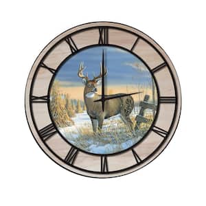 "Whitetail Deer in Winter" Woodgrain Accent and Black Numbers Imaged Wall Clock