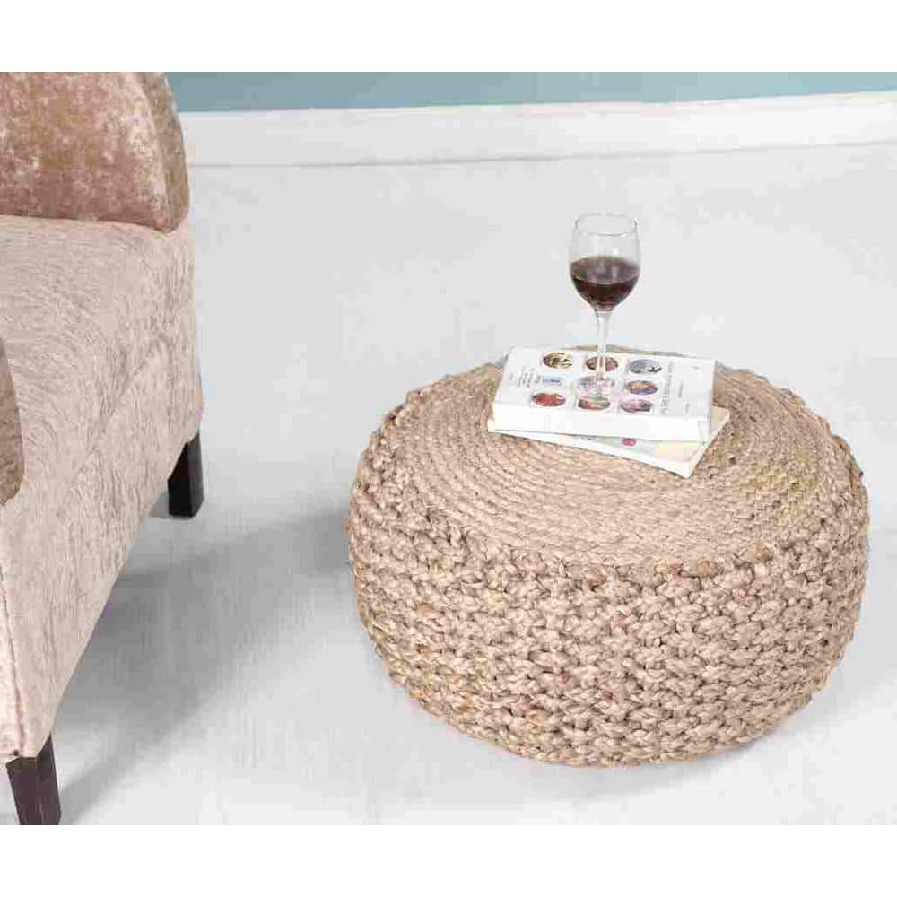Natural Jute Round Pouf with Braided Design, 20"