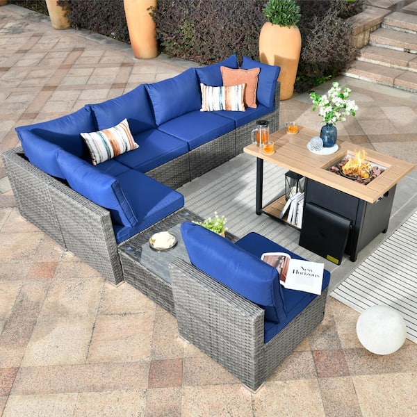 HOOOWOOO Messi Gray 8-Piece Wicker Outdoor Patio Conversation Sectional Sofa Set with a Storage Fire Pit and Navy Blue Cushions