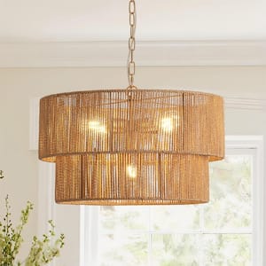 5-Light Yellow Bohemian Drum Hanging Pendant Light with 2-Tier Woven Shade