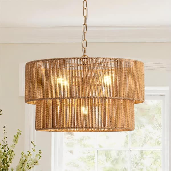 5-Light Yellow Bohemian Drum Hanging Pendant Light with 2-Tier Woven Shade