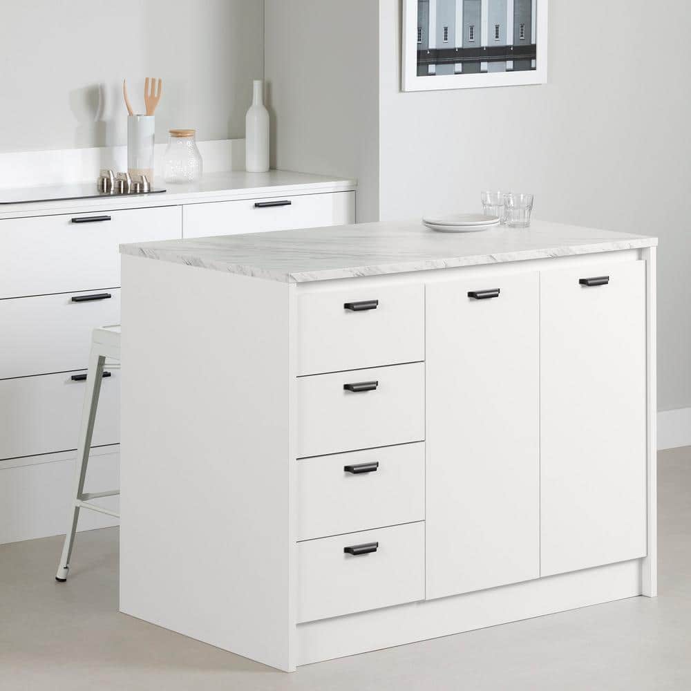 White Marble and White Kitchen Island with Storage and Drawers