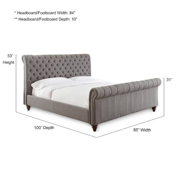 Swanson Gray Wood Frame King Platform Bed with Gray Polyester Blend Upholstery and Nail Head Trim
