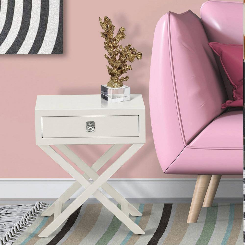 20 in. W White Finish Square Wood Night Stand End Table Laminate Top With a Drawer