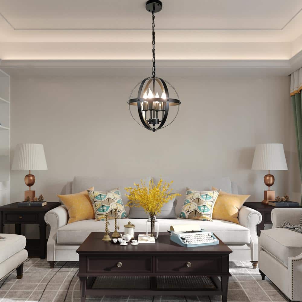 4 Lights Industrial Black Globe Hanging Pendant Light