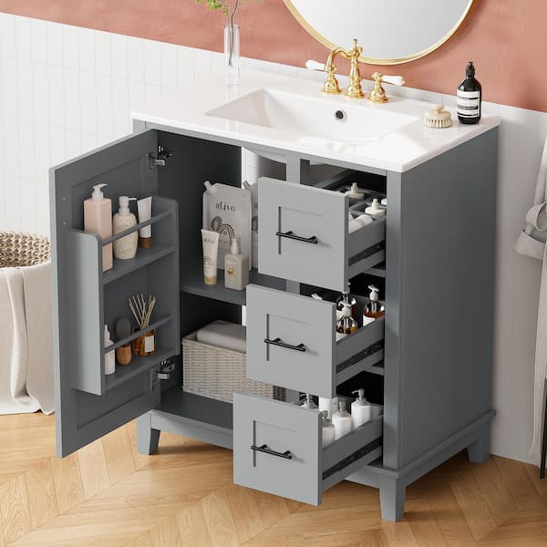 30 in. W x 18.3 in. D x 34 in. H Single Sink Freestanding Bath Vanity in Grey with White Ceramic Top