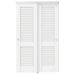 48 in. x 80 in. (Double 24 in.) Louvered MDF Wood, White Primed, Painted Pre-Finished Interior Door with Bypass Hardware