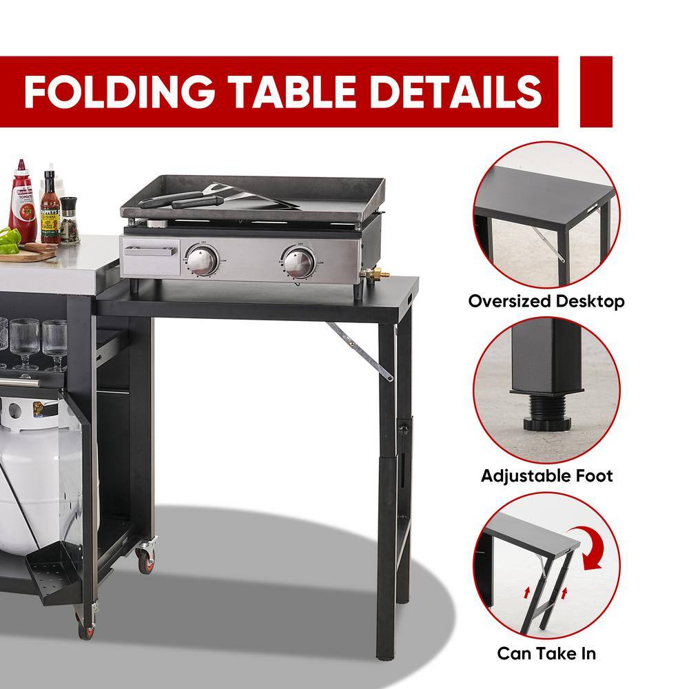 Black Stainless Steel Outdoor Kitchen Cart with Foldable Side Tables