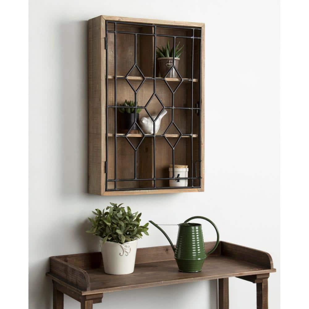 Rustic Brown Wooden Curio Cabinet with Lighted Black Iron Door